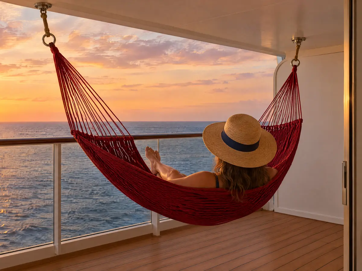Woman relaxing in a red rope hammock on a cruise ship balcony, watching the sun set over the open ocean